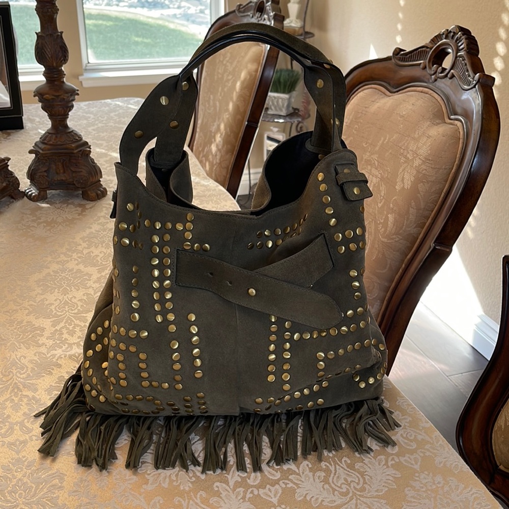 Sam Edelman studded green suede bucket bag with fringe